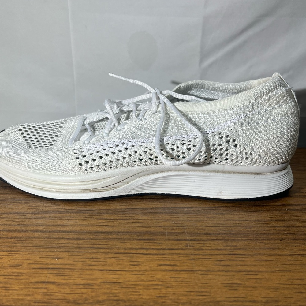 Nike™ Flyknit Racer Goddess Triple White Running Shoes  SIZE 9.5